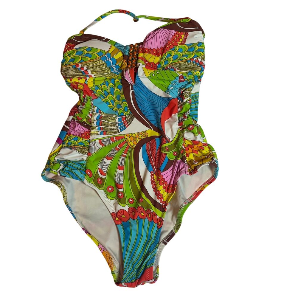 Trina Turk One Piece Halter Swimsuit Multicolor Tropical Print Ruched NO SIZETAG